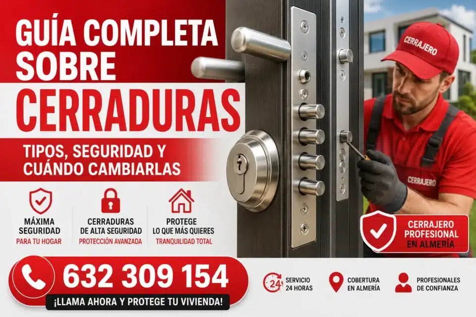 Guía completa sobre cerraduras de seguridad para viviendas en Almería con cerrajero profesional instalando una cerradura multipunto de alta protección y teléfono de contacto 632 309 154.