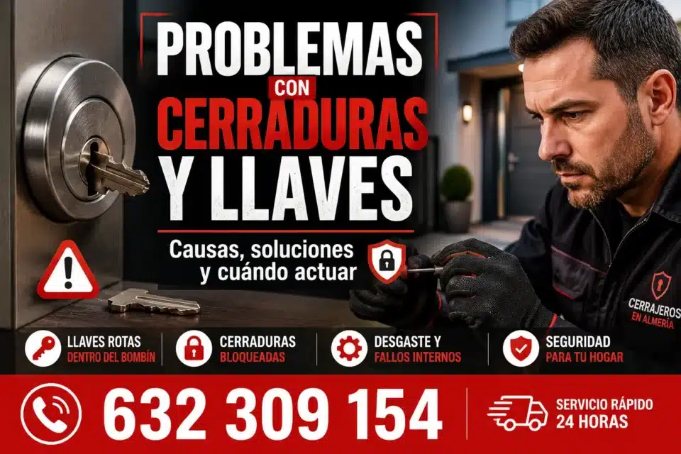 Problemas comunes con cerraduras y llaves en Almería: llave rota en cerradura, bloqueos, averías y soluciones profesionales de cerrajería 24 horas.