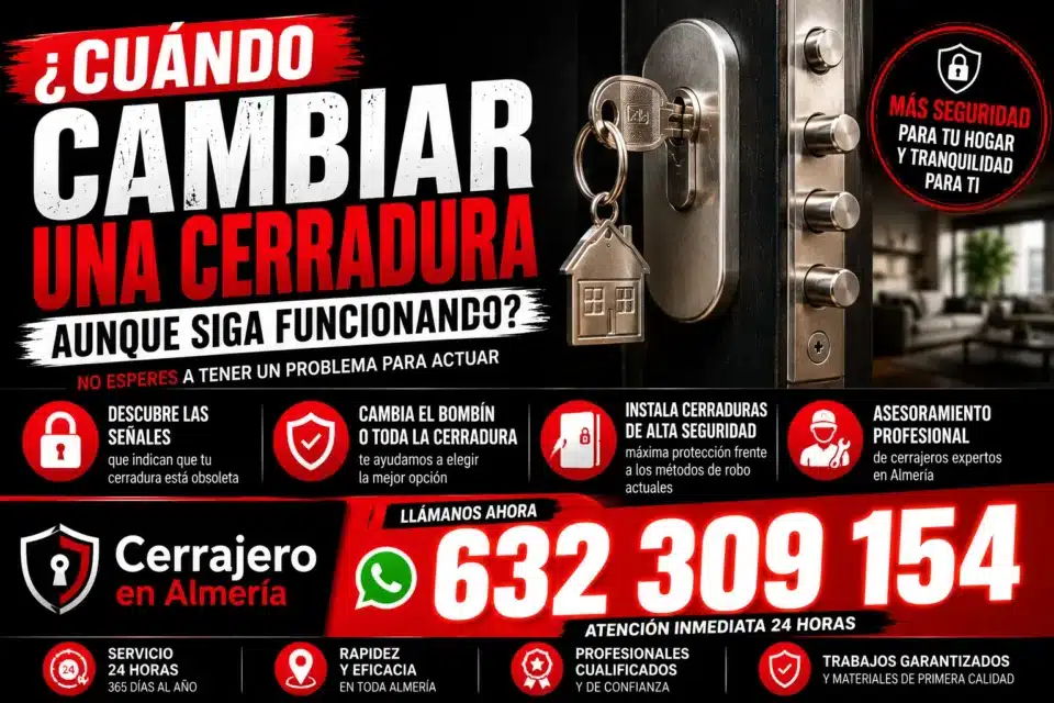 Cerrajero en Almería mostrando cuándo cambiar una cerradura aunque siga funcionando, con recomendaciones para mejorar la seguridad de la vivienda y teléfono de atención 632 309 154.